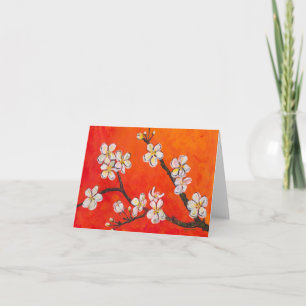 White blossoming branch in spring greeting card