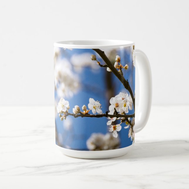 White Blossoms infront of a white sky Coffee Mug (Front Right)