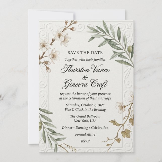 White Blossoms, Olive Branches, Embossed Scroll Bo Invitation (Front)