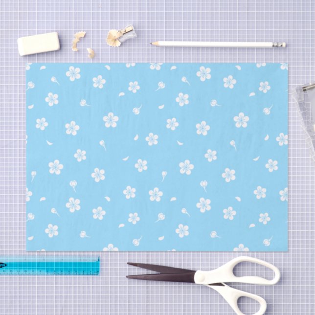 White Blossoms on Baby Blue Pattern Tissue Paper (Craft)