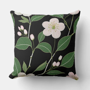 White Blossoms on Black Background Cushion