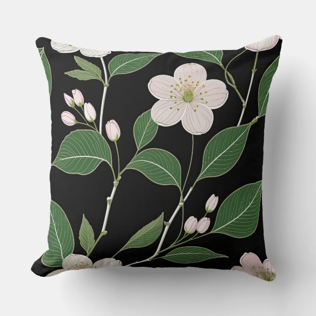 White Blossoms on Black Background Cushion (Front)