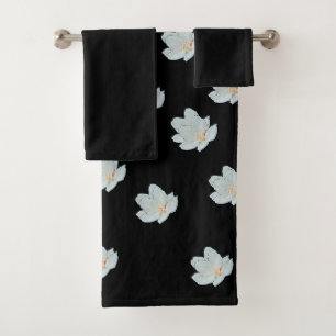 White Blossoms On Black Bath Towel Set