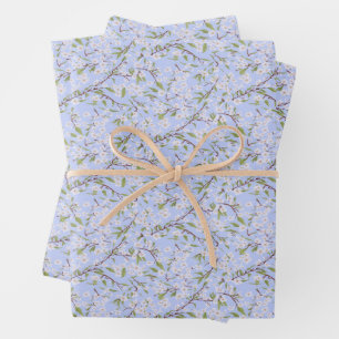 White Blossoms on Blue Wrapping Paper Sheet