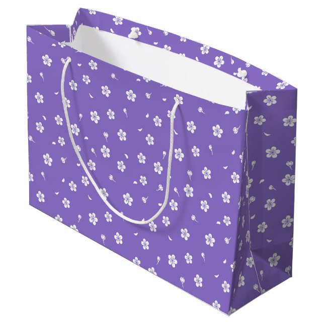 White Blossoms on Purple Large Gift Bag (Back Angled)