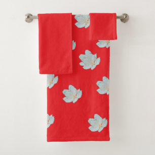 White Blossoms On Red Bath Towel Set