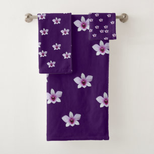 White Blossoms Purple Bath Towel Set