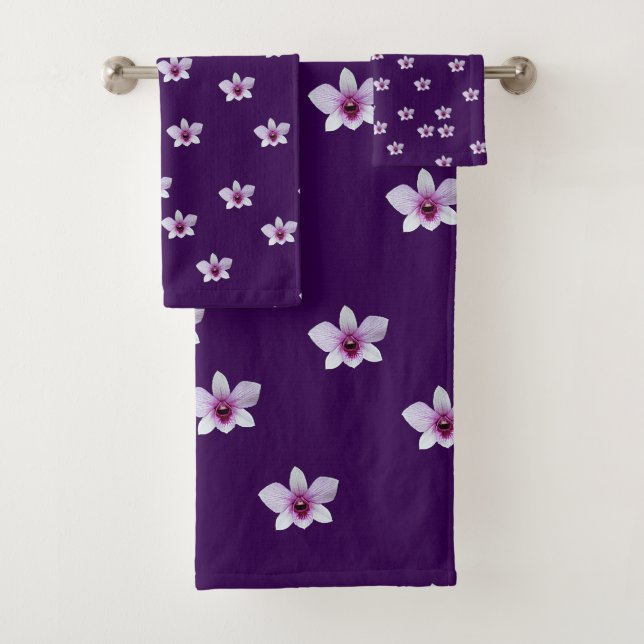White Blossoms Purple  Bath Towel Set (Insitu)