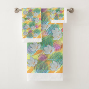 White Blossoms Rainbow Geo  Bath Towel Set