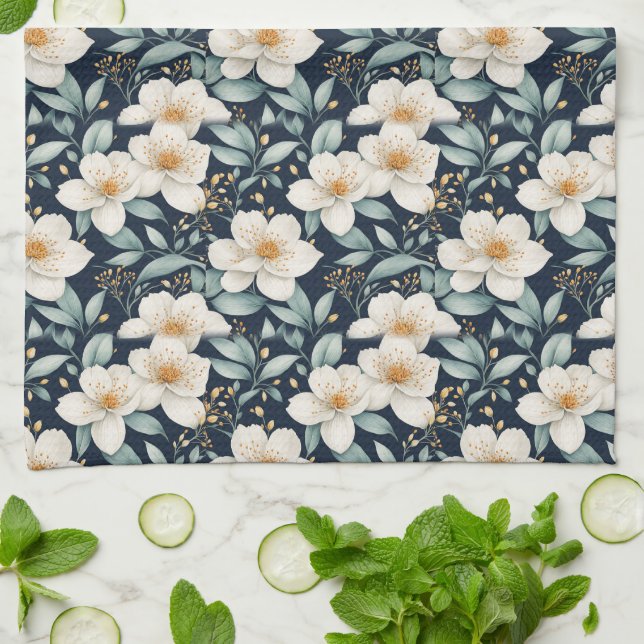 White Blossoms Tea Towel (Folded)