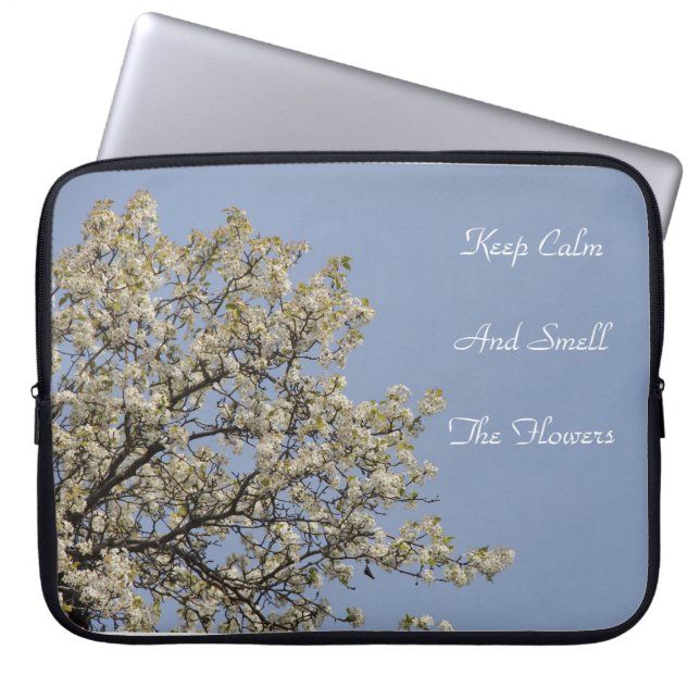 White Blossoms with blue sky Text can be changed. Laptop Sleeve (Front)