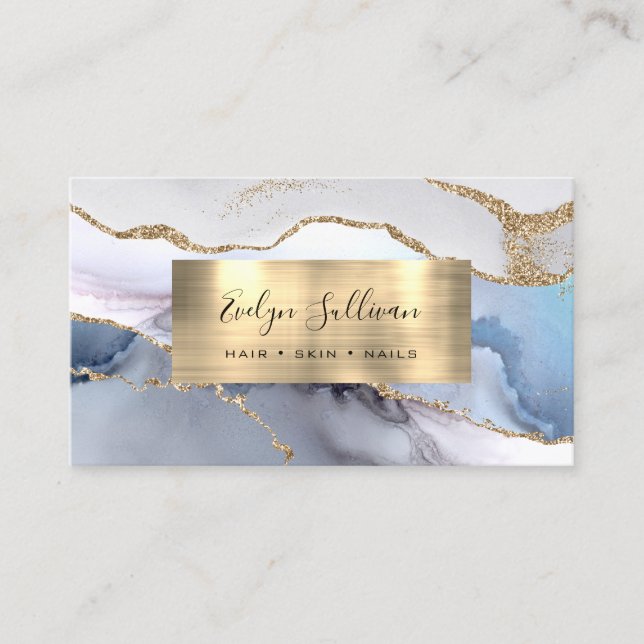 white blue agate gold foil business card (Front)