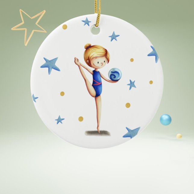 White, blue and black rhythmic gymnast with ball ceramic tree decoration (Cute blond gird doing rhythmic gymnastics with blue leotards and blue ball. )