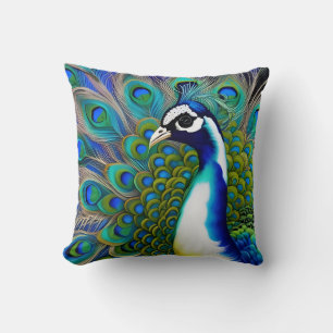 White blue and Green Piebald Peacock Cushion