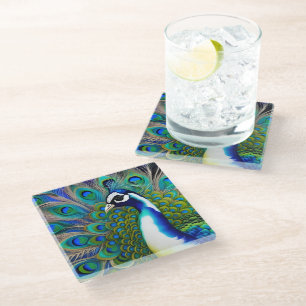White blue and Green Piebald Peacock  Glass Coaster