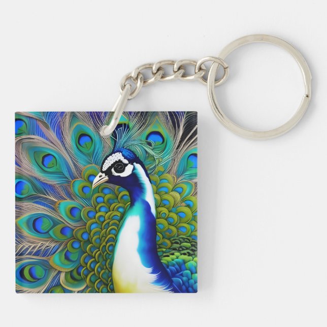 White blue and Green Piebald Peacock  Key Ring (Back)