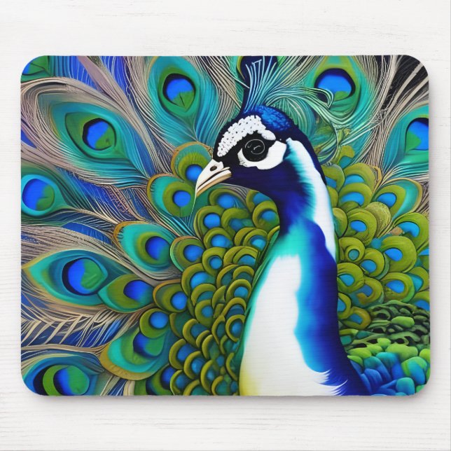 White blue and Green Piebald Peacock  Mouse Mat (Front)