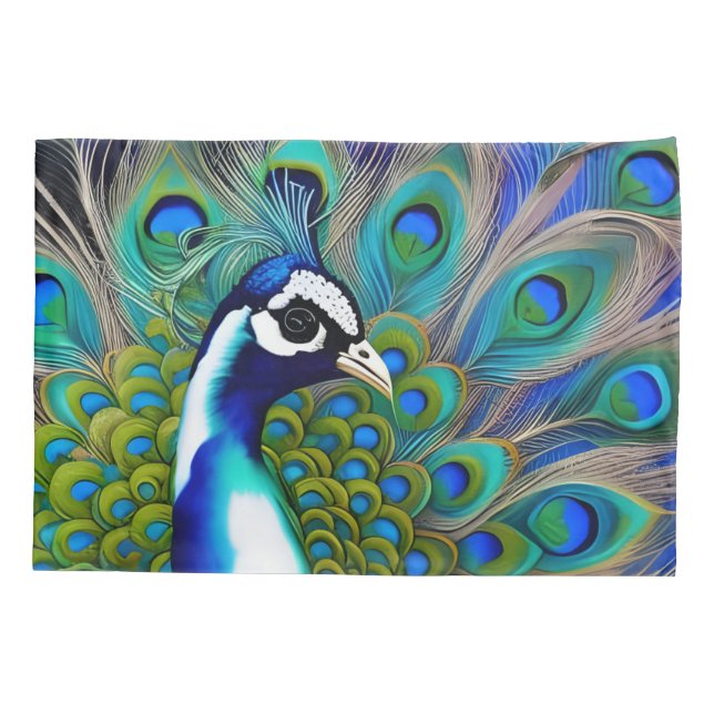 White blue and Green Piebald Peacock  Pillowcase (Back)