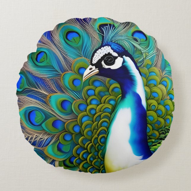 White blue and Green Piebald Peacock  Round Cushion (Front)