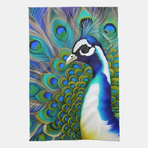 White blue and Green Piebald Peacock Tea Towel