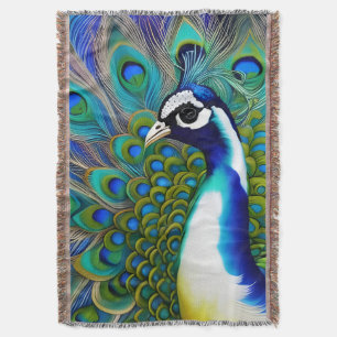 White blue and Green Piebald Peacock Throw Blanket