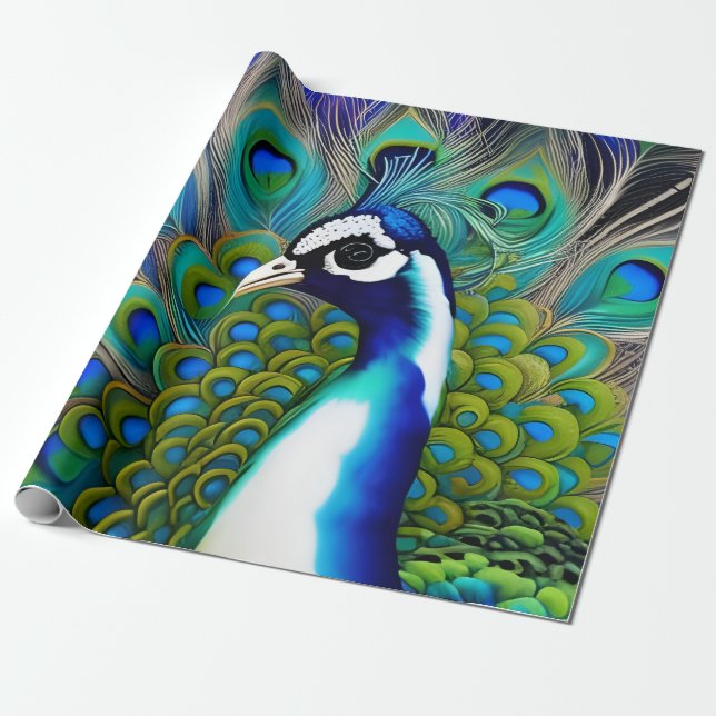 White blue and Green Piebald Peacock  Wrapping Paper (Unrolled)