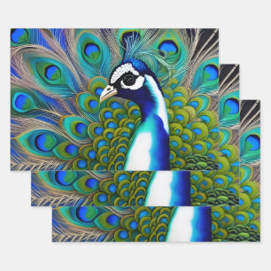 White blue and Green Piebald Peacock Wrapping Paper Sheet