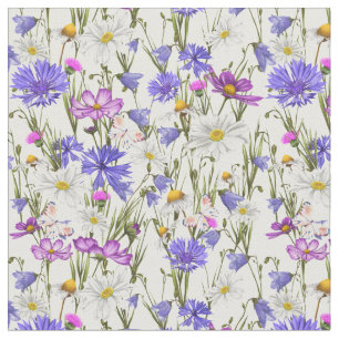 White, Blue and Purple Wildflowers Botanical Fabric