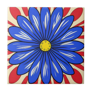 White, blue and red flower Ceramic Tile