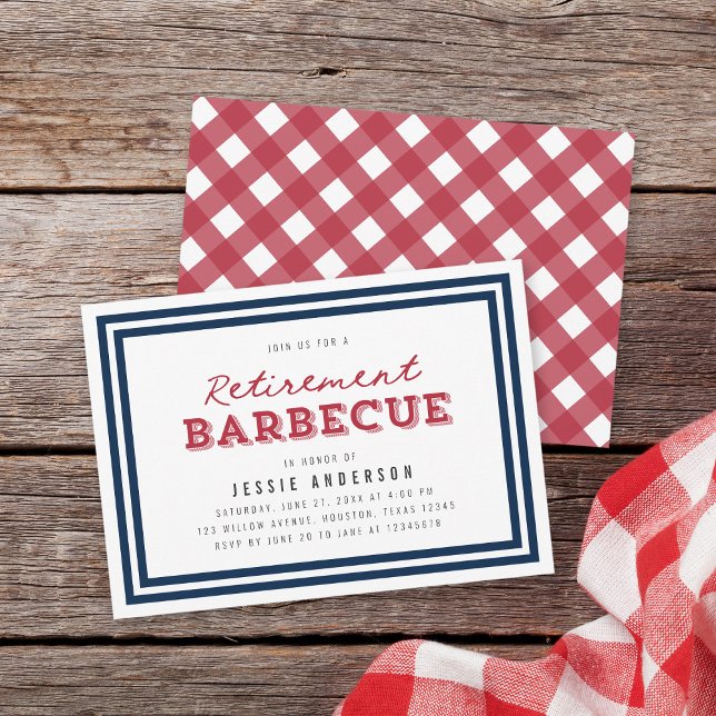 White Blue and Red Gingham Retirement Barbecue Invitation (Creator Uploaded)