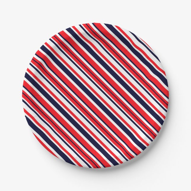 White, Blue And Red Stripes Paper Plate (Front)
