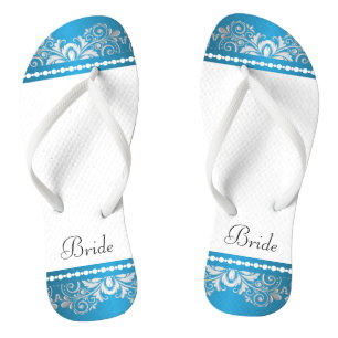 White, Blue and Silver Lace   Wedding Party Flip Flops