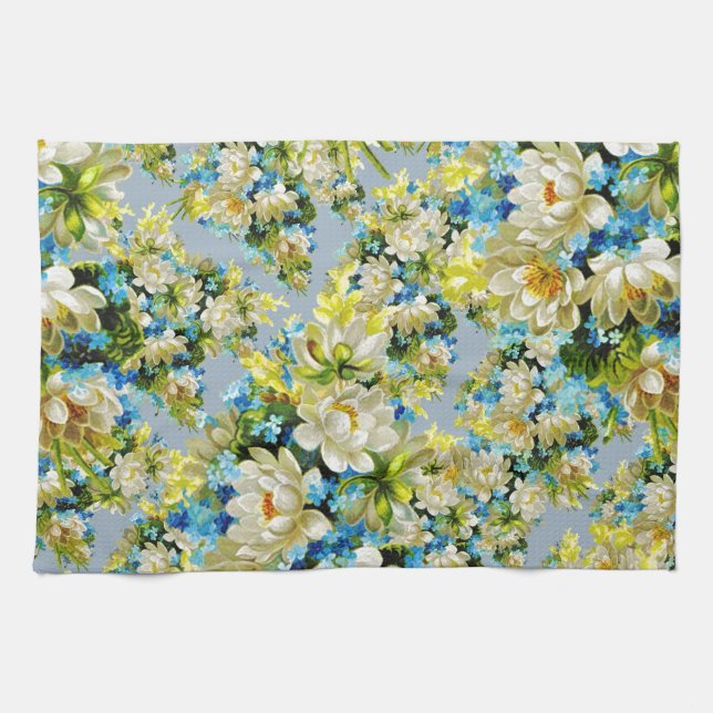 White Blue And Yellow Flowers Tea Towel (Horizontal)