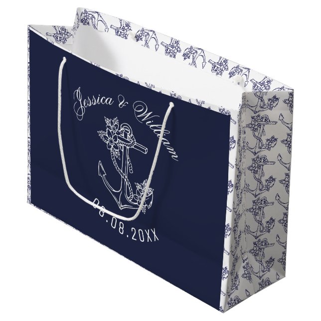 White & Blue Boat Anchors Wedding Design Large Gift Bag (Front Angled)