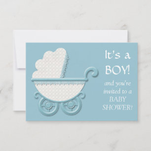 White Blue Buggy Baby Boy Shower Invitation