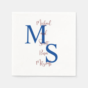 White Blue Burgundy Bar Mitzvah Name Monogram Napkin