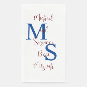 White Blue Burgundy B'nai Mitzvah Name Monogram Napkin