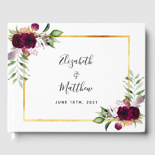 White blue burgundy florals greenery chic wedding guest book