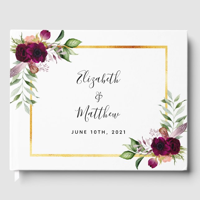 White blue burgundy florals greenery chic wedding guest book (Front)