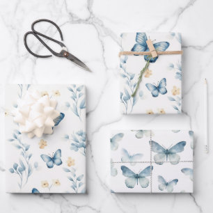 White Blue Butterflies Flowers Birthday Wrapping Paper Sheet