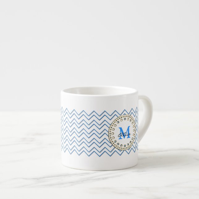 White Blue Chevron Pattern Espresso Cup (Front Right)