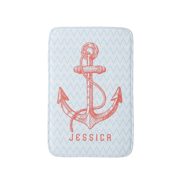 White & Blue Chevron With Nautical Boat Anchor Bath Mat (Front Vertical)