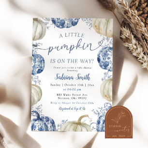 White Blue Chinoiserie Pumpkin Fall Baby Shower Invitation