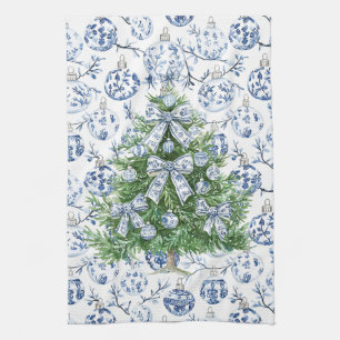 White Blue Christmas Ornaments Tree with Bows Tea Towel