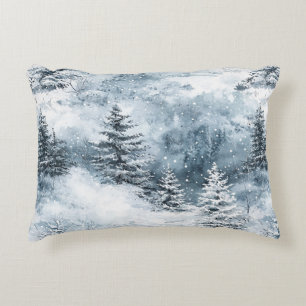 White Blue Christmas Trees Winter Snow Decorative Cushion
