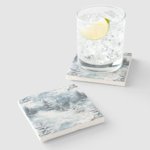 White Blue Christmas Trees Winter Snow Stone Coaster
