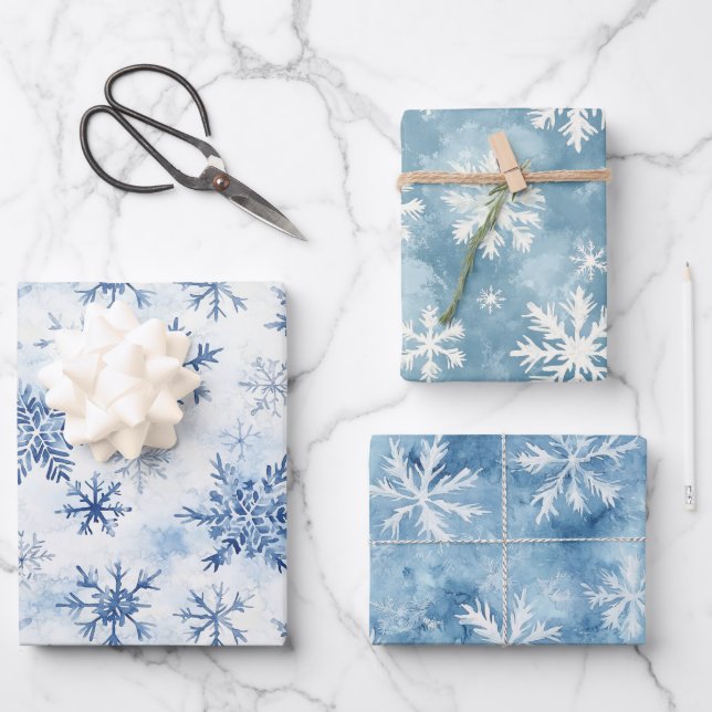 White Blue Christmas Winter Snowflakes Wrapping Paper Sheet (Front)