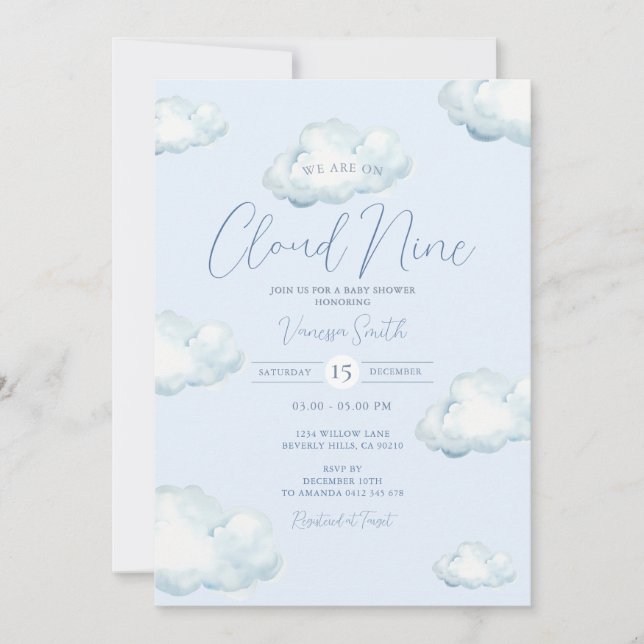 White Blue Cloud Nine Baby Shower Party Invitation (Front)
