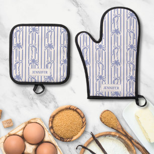 White Blue Coastal Chic Palm Trees Bows Stripes Oven Mitt & Pot Holder Set