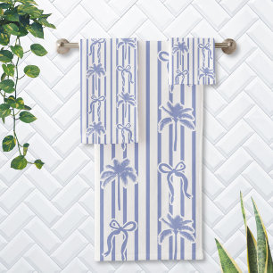 White Blue Coastal Palm Trees Bows Stripes Pattern Bath Towel Set